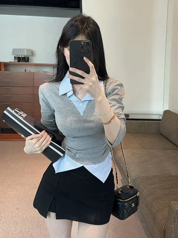 Vネックシャツレイヤードギャザートップス