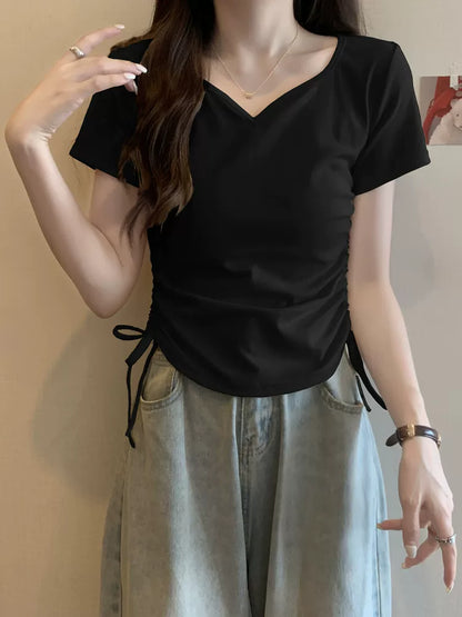サイドギャザーVネックTシャツ