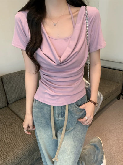 ホルターネックワンショルダーTシャツ