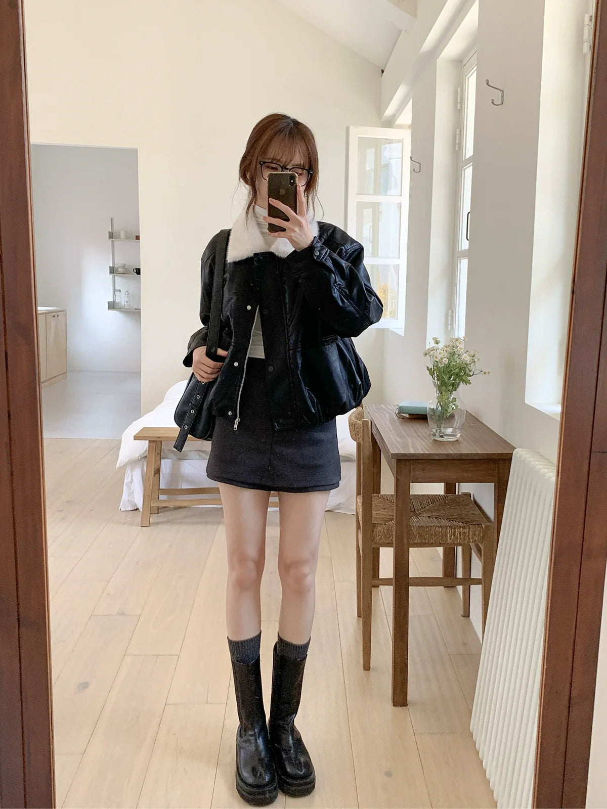 フェイクファーPUレザーショートブルゾン